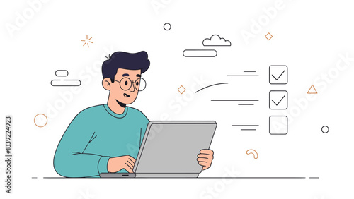 Young male with laptop completing tasks in minimalist workspace illustration