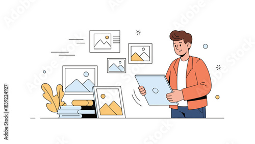 Illustration of young caucasian male viewing artworks in gallery setting