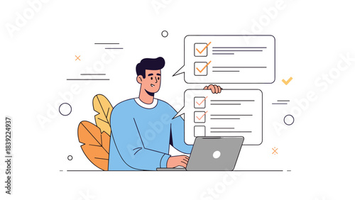Young caucasian male working on laptop with checklist in office setting