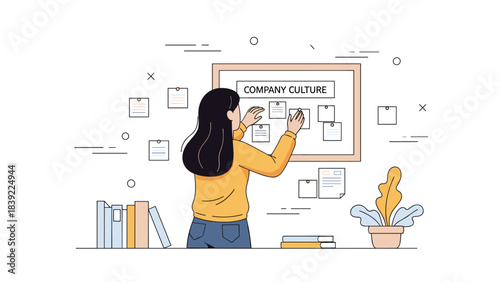 Asian female adult organizing company culture board in modern office setting