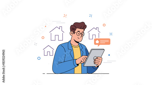 Young adult caucasian male using tablet for real estate search