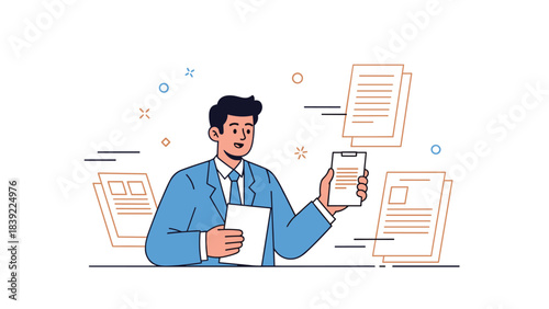 Illustration of a young caucasian male office worker with floating documents