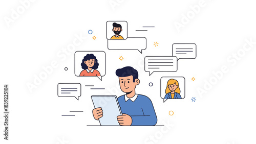 Young adult engaged in diverse online communication with multiple contacts