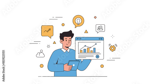 Asian young male analyzing data with digital tablet and charts