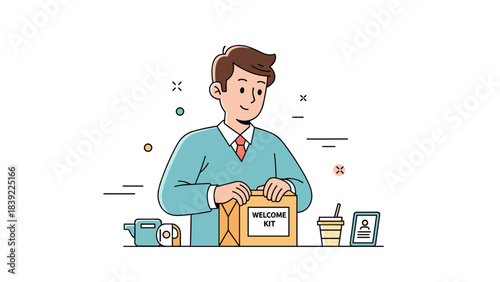 Young caucasian male opening welcome kit at desk