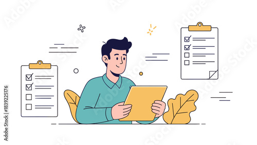 Young caucasian male reviewing tablet with checklists in office setting