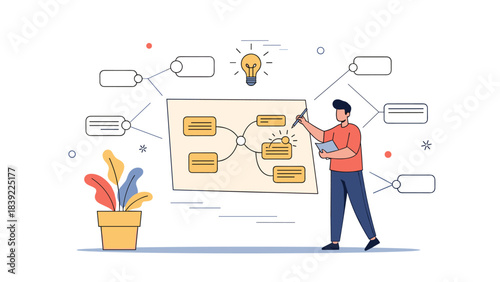 Young hispanic male creating flowchart with idea lightbulb in office setting