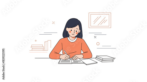 Female student writing at desk with books and wall art background illustration