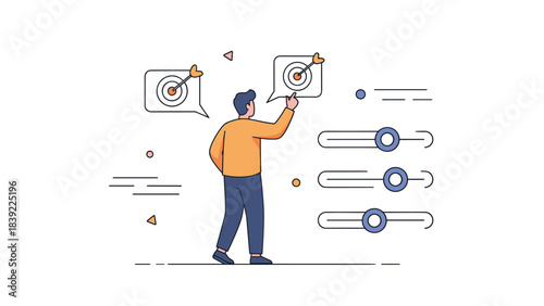 Male adult achieving goals: target setting and progress illustration