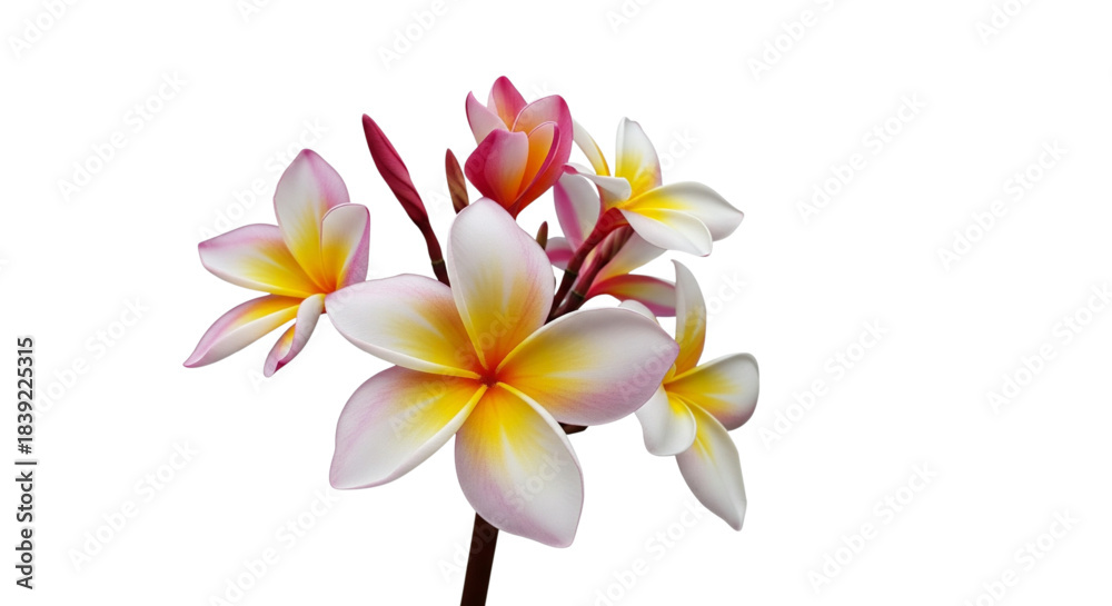 Naklejka premium Vibrant Tropical Plumeria Flowers Isolated Exotic Frangipani Blossoms for Spa Wellness and Travel Marketing
