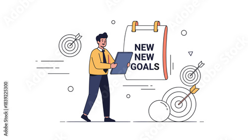 Young hispanic male achieving business goals with target and arrows illustration