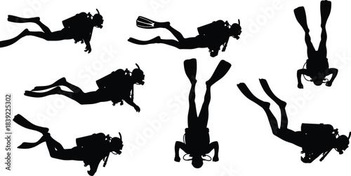 Set of scuba divers silhouettes, professional explorers swimming underwater in various diving positions, black and white vector illustration