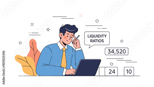 Young caucasian male analyzing financial liquidity ratios on laptop in office setting