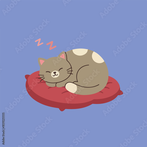 A charming, simple illustration features a sleepy, spotted cat curled up on a red cushion with 'ZzZ' floating above, all against a serene blue background.