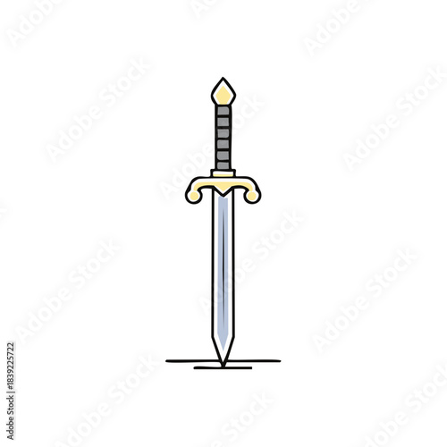 Sharp sword illustration. Medieval weaponry with handle and blade. Warrior's weapon concept. Fighting tool graphic isolated on white.