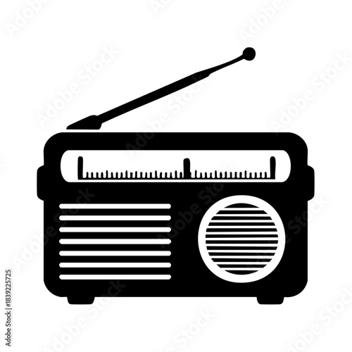 Old-fashioned radio receiver with antenna, classic black vector illustration, technology