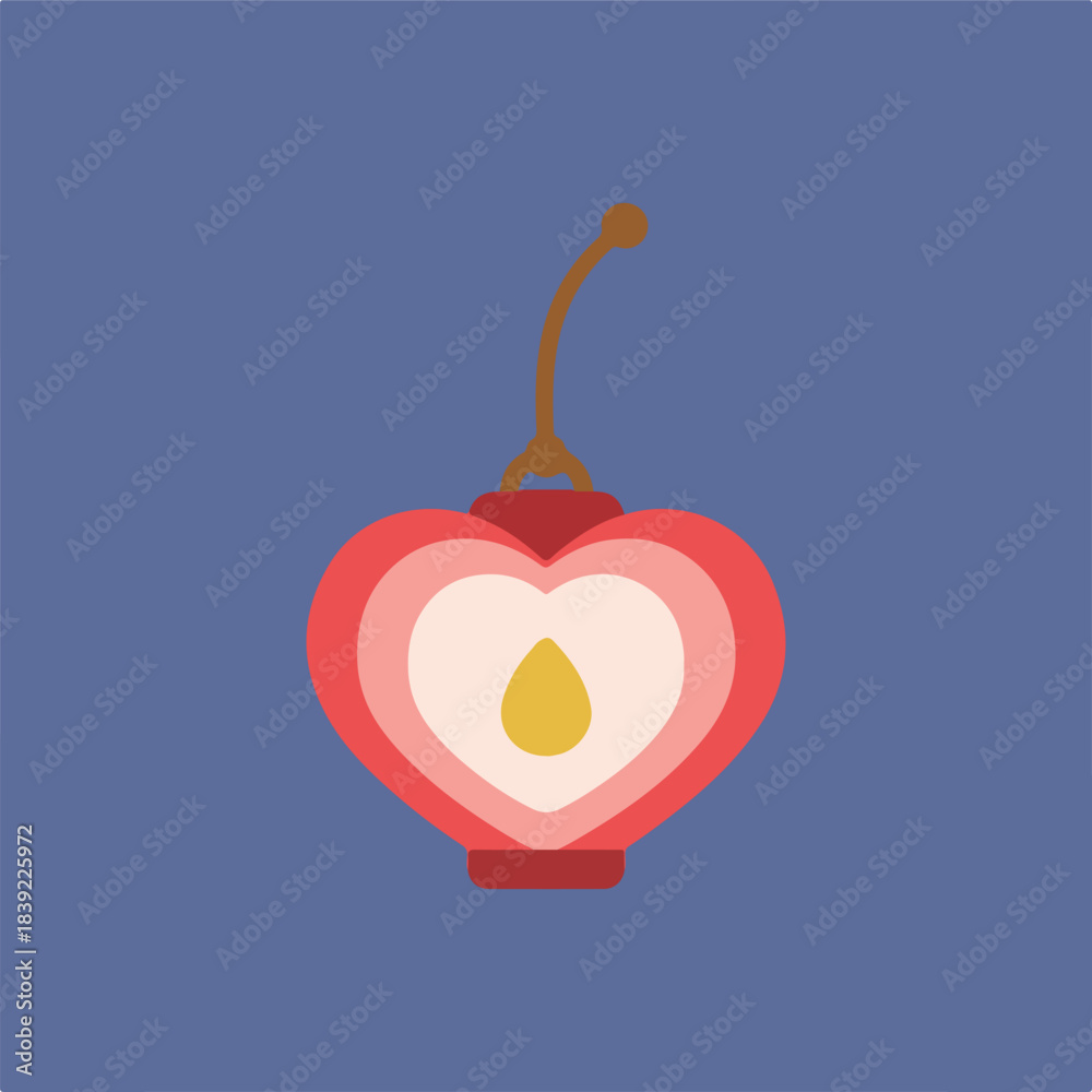 Obraz premium A flat vector illustration features a heart-shaped lantern with concentric red, pink, and cream layers, and a yellow teardrop-like light.