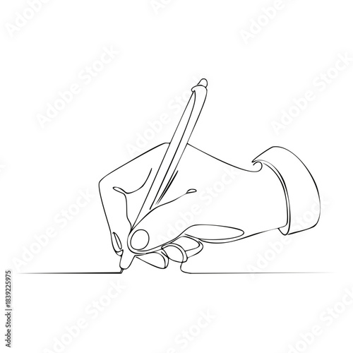 Line art drawing of a hand writing or signing with a pen creating a straight line on a white backdrop