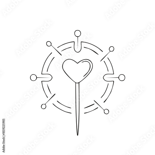 Linear drawing of a heart shaped pin cushion and sewing needles arranged in a circular fashion isolated on white