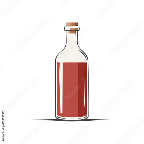 Red liquid in clear bottle with cork stopper drawing on white for beverage advertising