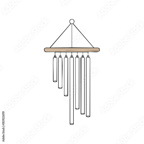 Hanging Wind Chimes Illustration with Cylindrical Tubes and Wooden Top, Decoration with Ropes and Rings
