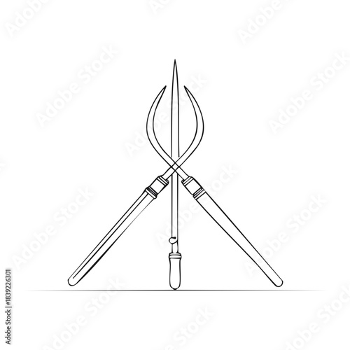 Stylized outline illustration of crossed medical instruments or tools, vector drawing.