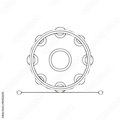Tambourine outline with stick line drawing. Musical instrument illustration. Rhythm and percussion concept for Adobe Stock.