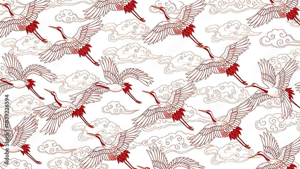 Fototapeta premium Elegant Asian Inspired Seamless Pattern with Graceful Flying Cranes Amidst Stylized Cloud Motifs, Capturing Traditional Artistry and Serenity in a Repeating Design