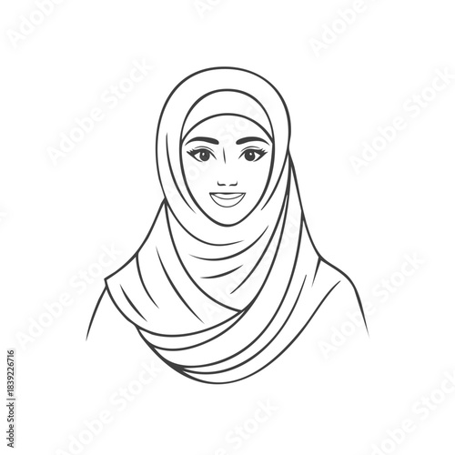 Line art portrait of woman with a hijab in monochrome style showing a smiling face.