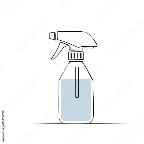 Spray bottle with liquid doodle drawing, outline vector illustration