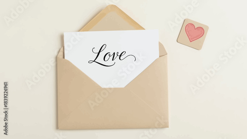 Open Envelope with Card Saying Love and a Heart Decoration Keywords: love, letter, envelope, card, message, heart, romantic