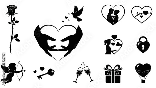 Romantic Valentine's Day Silhouettes with Hearts and Symbols Keywords: valentine, valentine's day, heart, love, romance