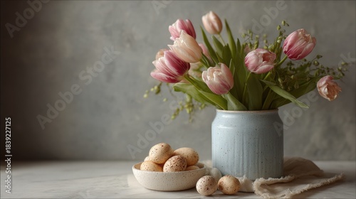 Vase of pink tulips on a white table. the vase is made of ceramic and has a blue speckled pattern. the tulips are in full bloom with their petals open and their stems and leaves visible.