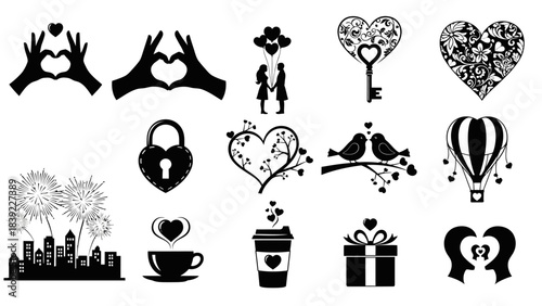Valentine's Day Icons Including Hands Hearts Birds and Cityscape valentine day love