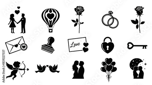 Valentine's Day Silhouette Icons of Couples, Rings, and Love Symbols couple holding hands heart hot air balloon