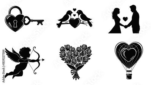Valentine's Day Silhouette Icons of Love Symbols and Couples heart lock love birds