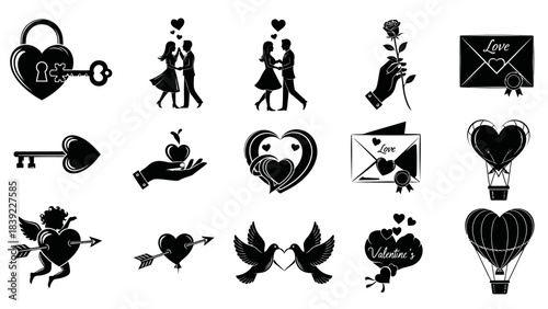 Valentine's Day Silhouette Icons with Grunge Texture and Love Symbols heart lock couple dancing