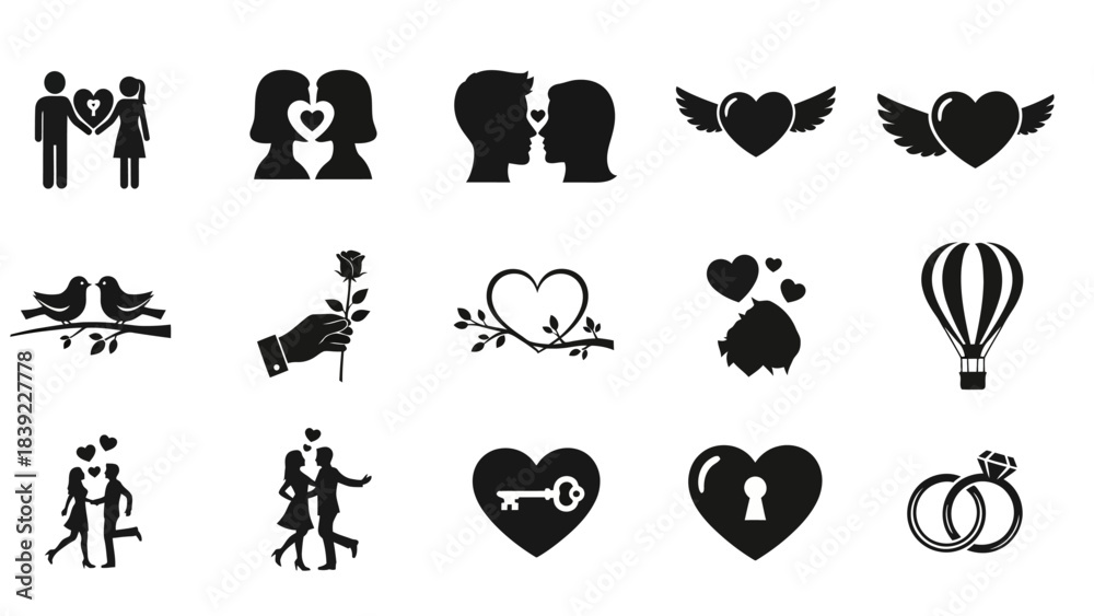 Obraz premium Set of vector silhouettes of people icons design illustration, including a heart and cupid symbol for love and romance