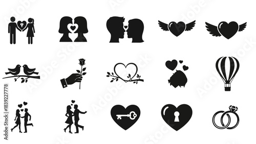 Set of vector silhouettes of people icons design illustration, including a heart and cupid symbol for love and romance
