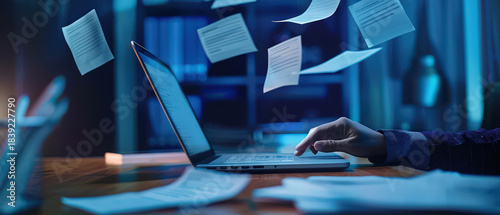 Dynamic scene of flying paperwork around a laptop as a person works, illustrating office stress, deadlines, digital workflow and chaotic document management in a modern workspace.