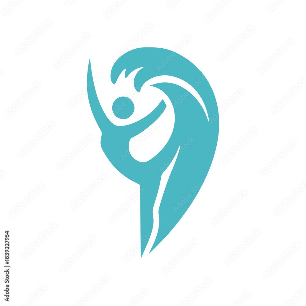 Fototapeta premium A stylized teal figure of a person dancing or performing gymnastics within a dynamic wave shape, symbolizing movement and grace.