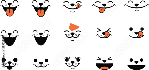 Collection of playful cartoon dog faces with various funny expressions and tongues