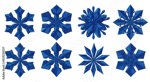 Six hyper-detailed ultramarine blue snowflake vector icons, arranged horizontally on a transparent seamless background, showcasing precise geometric patterns. concept of cool winter elegance