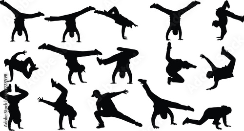 Happy jumping children silhouettes vector set, diverse kids leaping and celebrating with raised hands, showing fun and excitement, flat black icon.