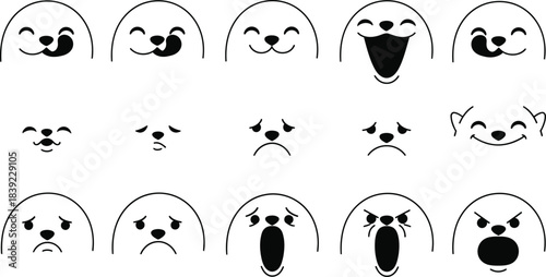 Collection of cartoon dog faces displaying various emotions in black and white