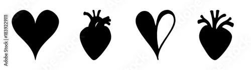 Set of four unique hand-drawn heart icons anatomical and symbolical styles