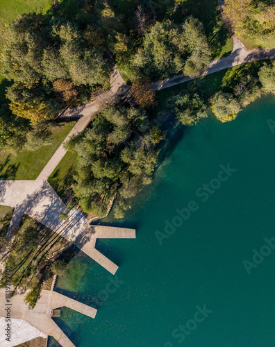 Drone Image Of Rowing Piers At Lake Bled, Slovenia