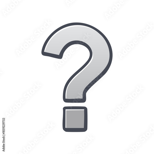 A bold grey gradient question mark stands isolated prompting uncertainty or inquiry with a clean modern illustration style