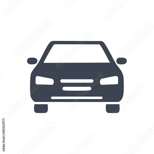 Front view of a dark silhouette of a generic modern car with headlights and tires, vehicle icon