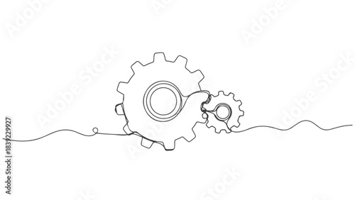 Continuous line drawing of two interlocking gears, symbolizing connection, teamwork, and mechanical process on a white background.